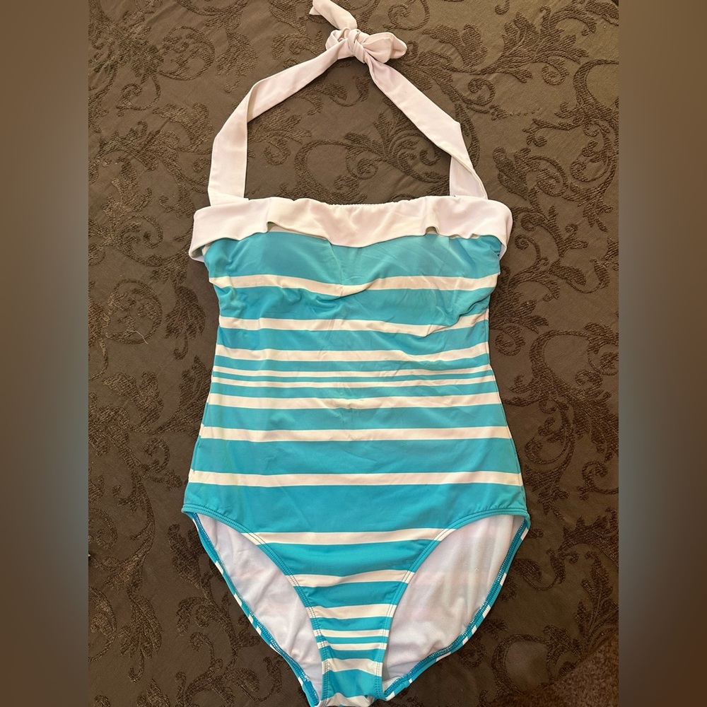 Lauren Ralph Lauren one piece halter blue and white stripe Measurements shown